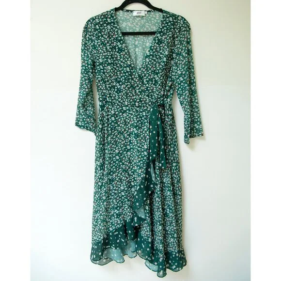 light green mehndi dress Green Floral Kimono Sleeves Dip Hem Wrap Midi Dress – Yumi main image 0